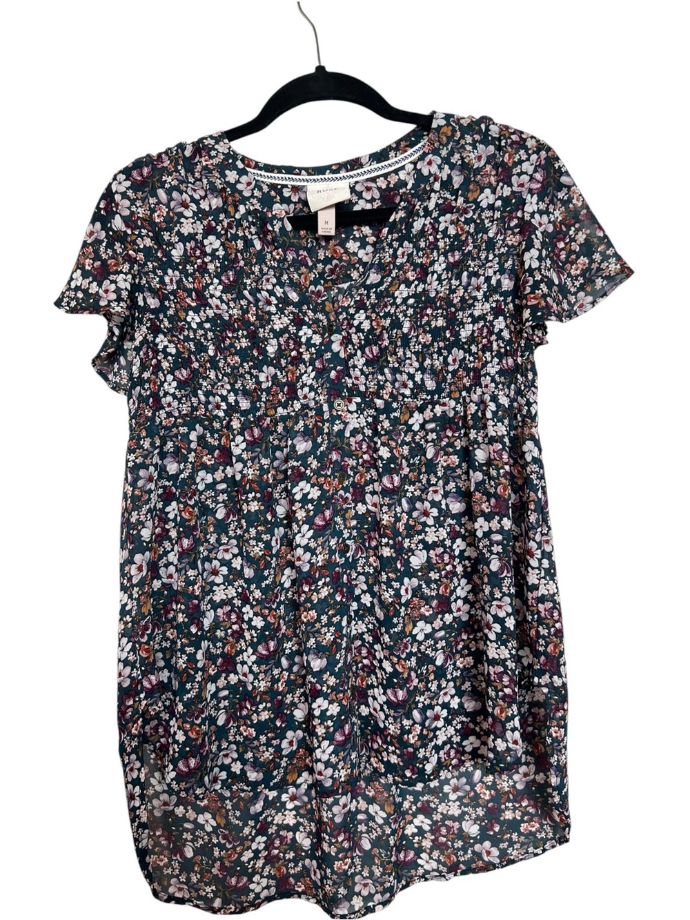 Knox Rose Floral Boho Short-Sleeve Smocked Hi-Low Hem Cottage-Core Medium Top
